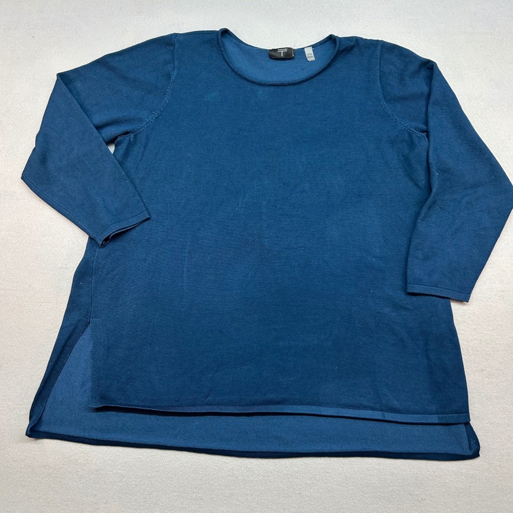 Tahari Woman Teal Blue Knit Top 1X Round Neck 3/4 Sleeve High Low Hem Pleat Back